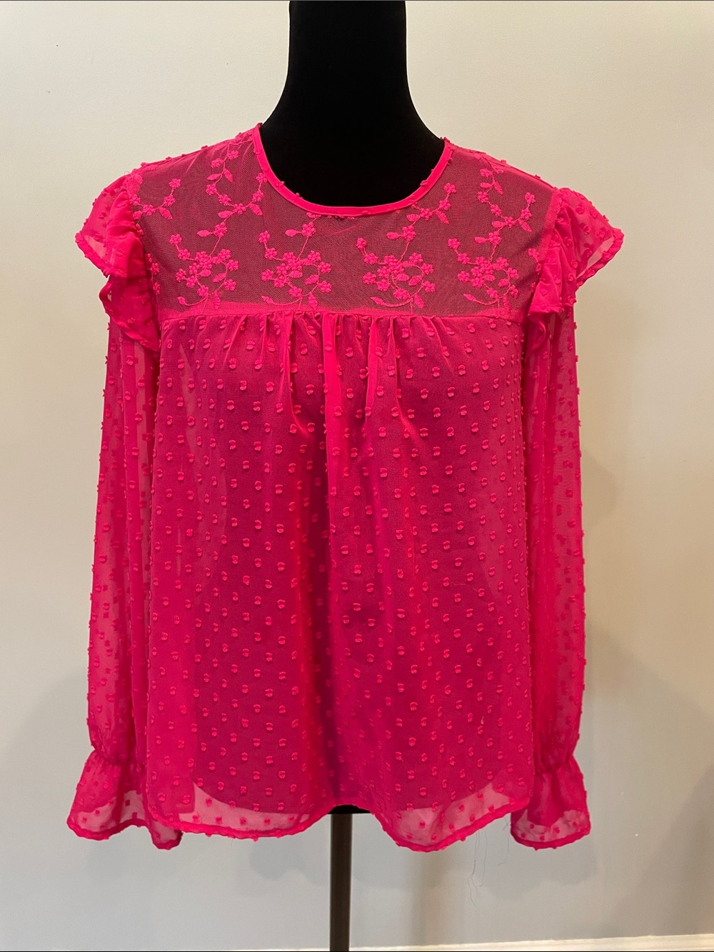 bleuh ciel Sheer Swiss Dot Blouse in Hot Pink